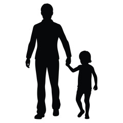 Father holding hands of toddler silhouette vector.