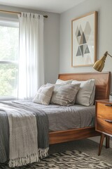Fototapeta premium A mid-century modern interior in a white-walled bedroom with an art frame hanging from it. Generative AI