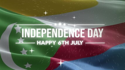 Comoros Independence Day, Happy July 6 Lettering text animation, waving flag background, fireworks