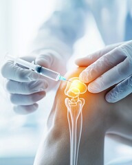 Middle-aged man doctor treating knee of the female patient by method of injection in doctor's cabinet.