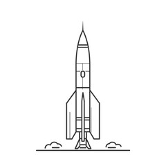 Obraz premium Minimalist line drawing of a rocket launching into space, depicted in black and white.