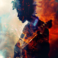 A silhouetted figure with a guitar, overlaid with the intense expression of a rapper mid-performance, creating a fusion of styles. 64k, UHD, High definition 