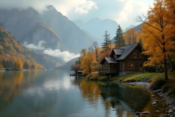 Fototapeta premium Autumn landscape with cozy wooden house by the calm lake surrounded by mountains