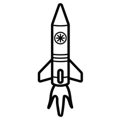 Fototapeta premium Black and white illustration of a rocket launching with flames at the base.