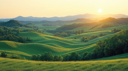 Naklejka premium Serene landscape of rolling hills at sunrise.