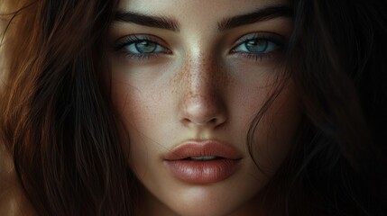 Fototapeta premium A close-up of a woman with deep, captivating eyes, soft lips, and flawless skin, framed by her dark, flowing hair. Her face is serene and strikingly beautiful.