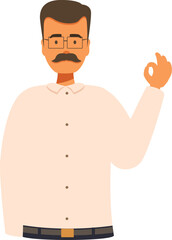 Fototapeta premium Male teacher character wearing eyeglasses and shirt making ok gesture with hand, positive gesture, like sign, agreement, approval concept
