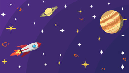 Background design with space concept, with rockets, Jupiter, Saturn, stars, and galaxies as elements.