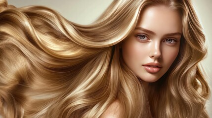 Beautiful blonde girl with long, shiny waves, highlighting her luxurious hair in a beauty-focused fashion scene