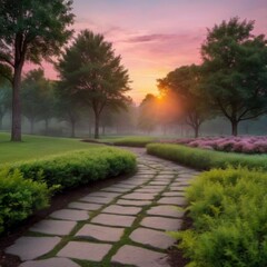 Fototapeta premium Tranquil stone pathway in park at sunset, surrounded by lush gre