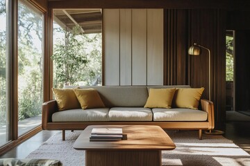 An interior photo of a cozy-looking house bedroom with a Scandinavian interior and a mid-century modern interior combination. Generative AI