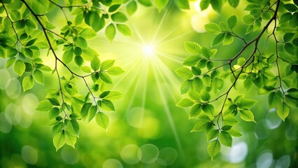 Green lush tree branch with foliage in sunlight isolated on background, perfect for natural texture overlays and decorations