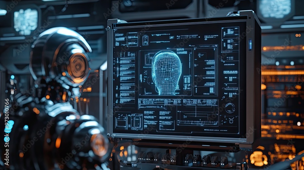 Poster futuristic robot analyzing a 3d wireframe human head on a computer monitor