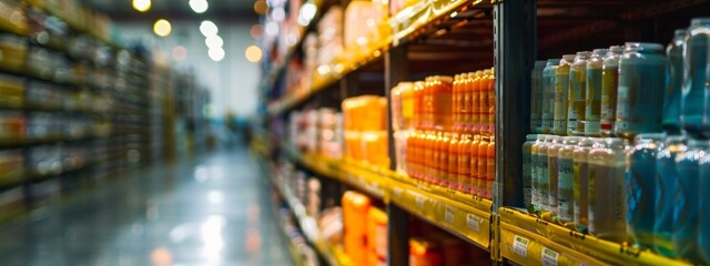 Fototapeta premium Warehouse shelves filled with products in soft lighting