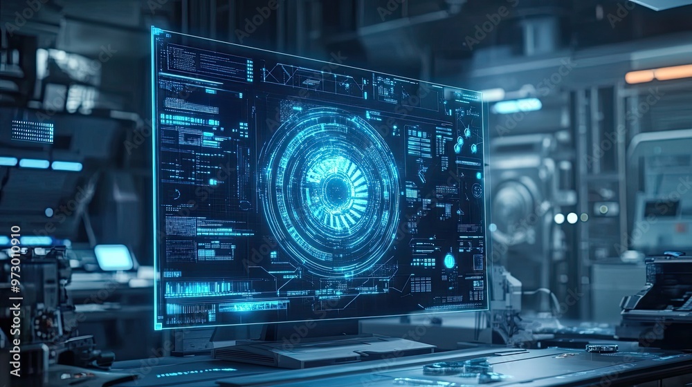 Poster futuristic computer monitor displaying blue digital data and a central circular interface.