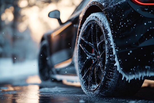 A close-up of a car tire covered in foam while parked in a snowy environment on a cold winter day