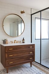 A photograph of the mid-century modern interior of a modern residential bathroom with mirrors and sinks and cabinets. Generative AI
