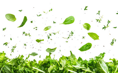 A lot of vegetables and green leaves flying on a white background