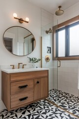 A photograph of the mid-century modern interior of a modern residential bathroom with mirrors and sinks and cabinets. Generative AI
