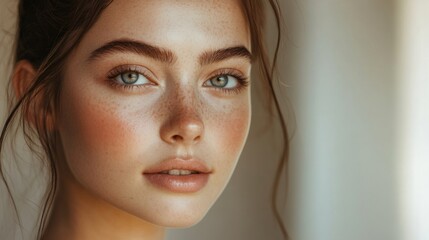 Fototapeta premium A close-up shot of a woman with radiant skin, soft features, and bright eyes, her natural beauty enhanced by subtle makeup and glowing with health.