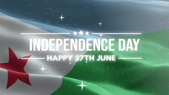 Djibouti Independence Day, Happy June 27 Lettering text animation, waving flag background, fireworks