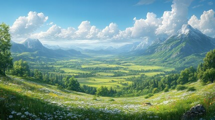 Fototapeta premium Serene landscape with mountains, valleys, and vibrant greenery.