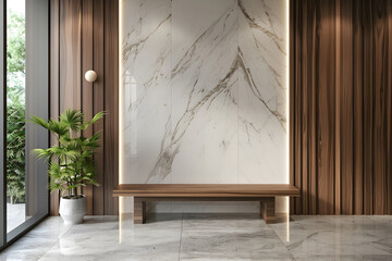 Wooden bench near marble stone wall and wood paneling in cozy hallway. Minimalist home interior design of modern entrance hall with big window 3d render. Generative Ai.