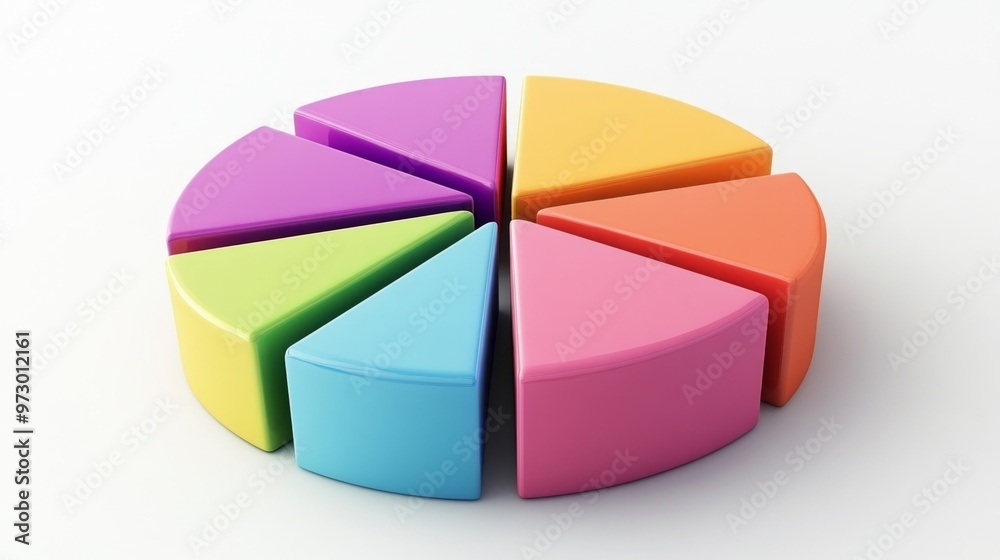 Fototapete A colorful 3D pie chart with multiple segments, each section raised slightly to emphasize data distribution, set against a clean white background.
