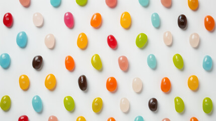 a grid of jelly beans, flat lay photography, colorful, white background, top view, pattern