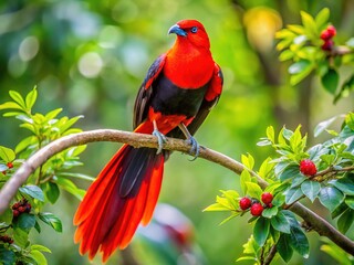 A scarlet bird dwells on a branch, surrounded by verdant leaves, its black wings and tail adding depth to its radiant plumage in warm sunlight.