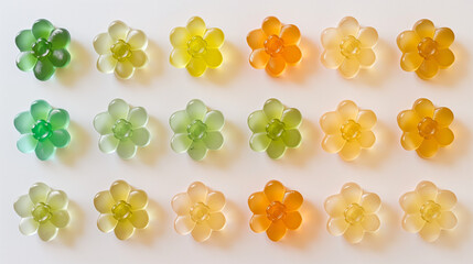 A grid of small, colorful gummy flowers on white background, with green and orange hues