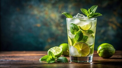 Close-up of refreshing mojito cocktail in a glass, mojito, cocktail, drink, beverage, refreshing, mint, lime, ice, close-up