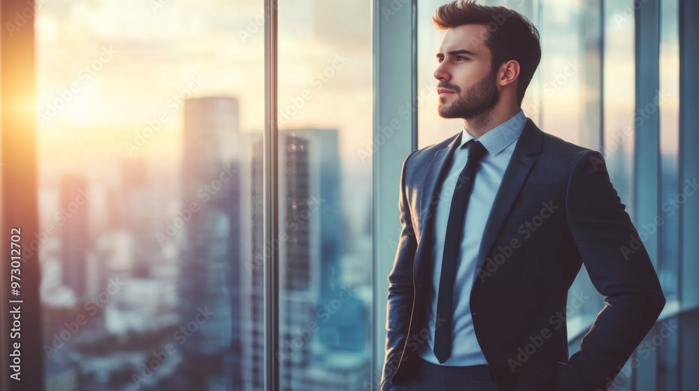 Poster a confident young businessman in a sharp suit standing by a large window in a modern office, looking