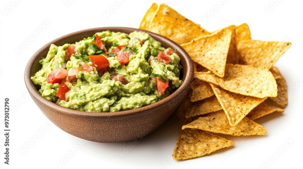 Canvas Prints Creamy avocado guacamole dip served with crunchy tortilla chips on a clean white background, a delicious and simple snack ready to enjoy.