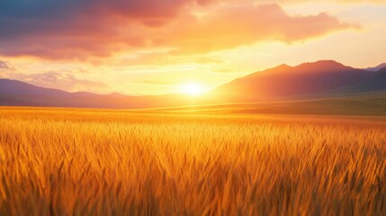 Obraz premium A beautiful sunrise over a golden wheat field, with the first rays of light casting a soft glow over the landscape.