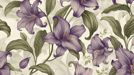 Vintage-style wallpaper with lilies in shades of purple and green, on an off-white background.