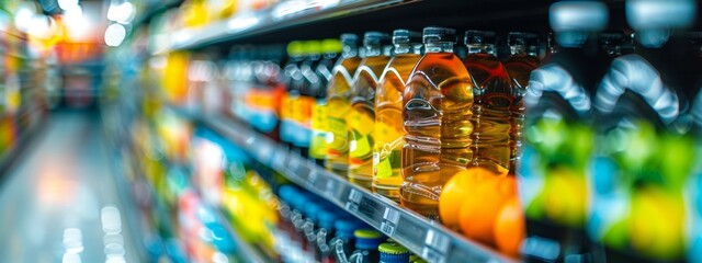 Close-up of bottled drinks on supermarket shelves