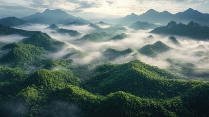 A birds-eye view of a thick, emerald-green forest with rugged mountain ranges rising beyond, covered in mist and clouds.