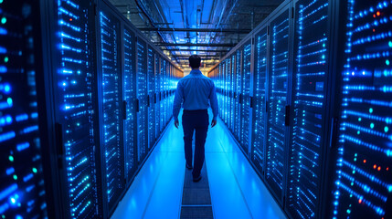 A technician navigates a high-tech server room with illuminated racks of data storage units while checking systems during evening hours