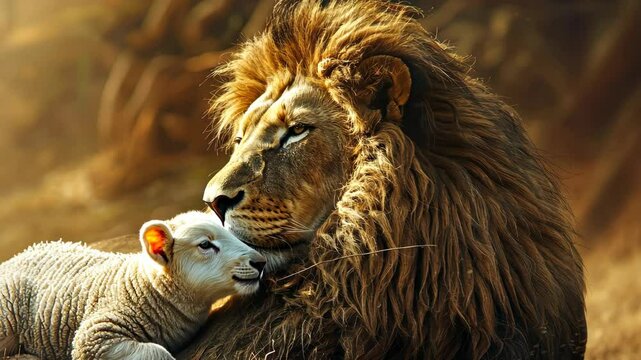A lion and a lamb share a peaceful moment in a serene paradise during golden hour light