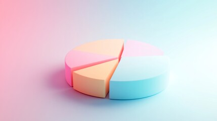 Obraz premium A creative 3D pie chart in pastel colors, each segment slightly tilted for emphasis, set against a soft gradient background, representing data visualization in a minimalistic design