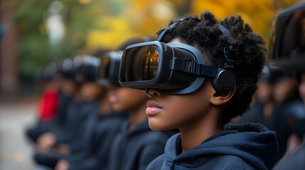 African American children engage in virtual reality experiences outdoors during an educational program in a city park, learning through immersive technology