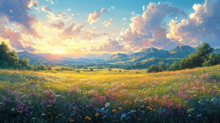 Fototapeta premium Vibrant meadow landscape with mountains and colorful flowers at sunset.