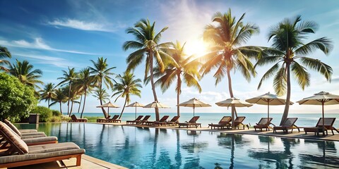 Fototapeta premium stunning poolside view of a tropical paradise, complete with swaying palm trees, inviting lounge chairs, and breathtaking ocean vistas