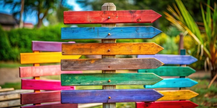 Colorful wooden direction arrow signs pointing in different directions, colorful, wooden, direction, arrow, signs
