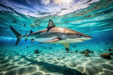 A sleek gray reef shark swims ominously through crystal-clear turquoise waters, its sharp fins and piercing gaze exuding power and ancient marine majesty.