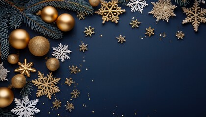Navy christmas background with snowflakes and gold sequins