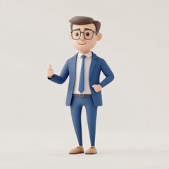A cartoon businessman in a suit, with glasses, giving a thumbs up and a thumbs down, holding a pen, smiling, standing in an office setting