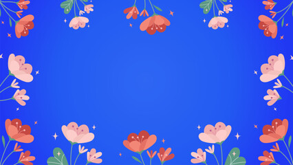 Greeting card, floral pattern for postcard, congratulations, advertising. Design for prints on blue background. Garden flower, plants, botanical. Cute flat illustration of bright summer flowers.