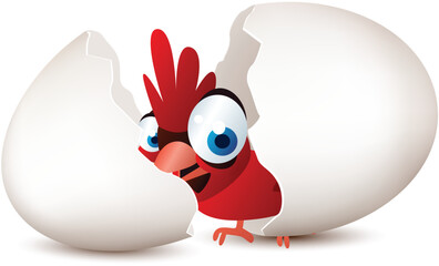 Vector Illustration of a Red Baby Bird Hatching from an Egg, Red, Baby, Bird, Hatching, Egg, Newborn, Fluffy, Cute, Adorable, Wildlife, Nature, Animal, Feather, Beak, Wings, Nest, Spr